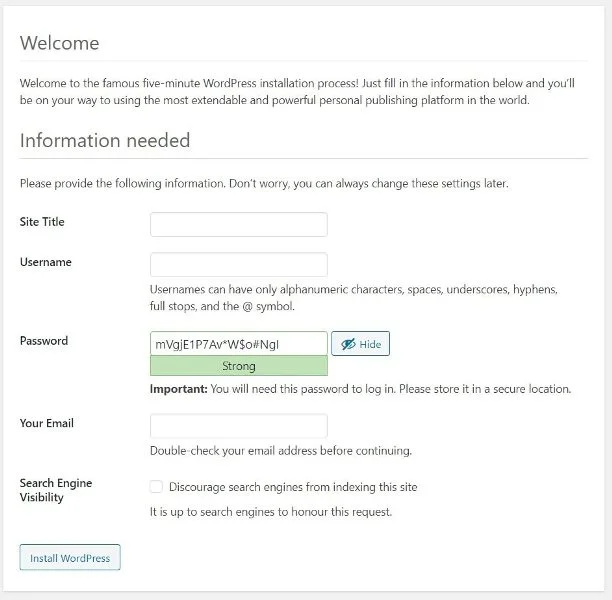 Step4 – In this step, you have to enter the website title, admin username, password, and email.