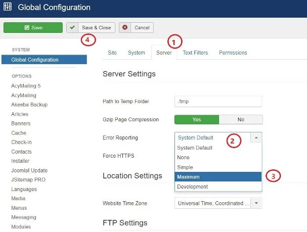 How do I turn off error reporting in Joomla