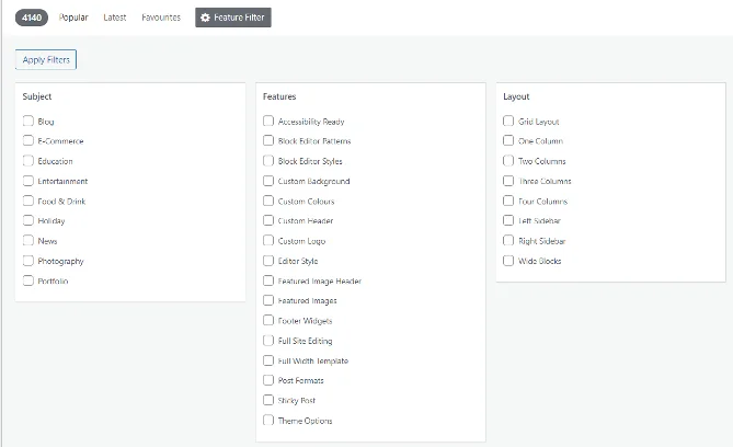 WordPress theme feature filter