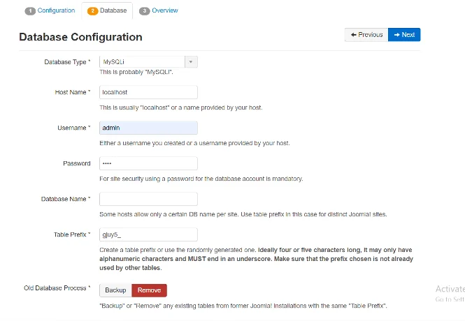 Step 2 - Database settings such as Database Type, Hostname, Database Username, Database Password, database name, and table prefix are all included in the second step.