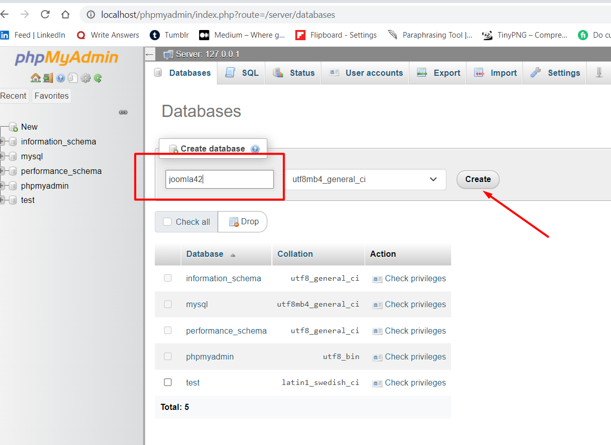 Create Joomla 4 database from phpmyadmin