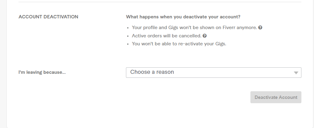 Fiverr account deactivation settings
