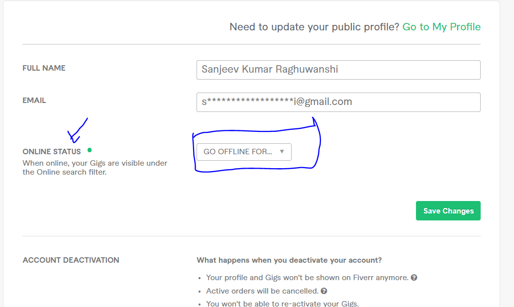 Fiverr online status setting