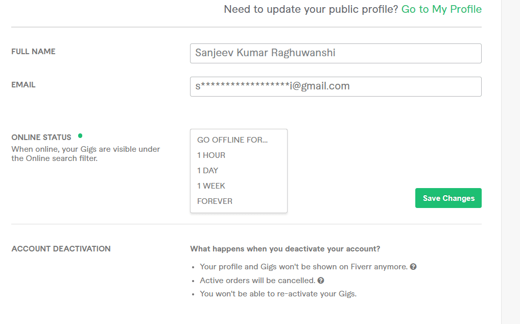 Fiverr online status options