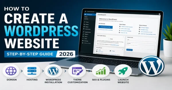 Step-by-step guide showing how to create a WordPress website in 2026 with domain, hosting, WordPress installation, theme customization, SEO plugins, and website launch