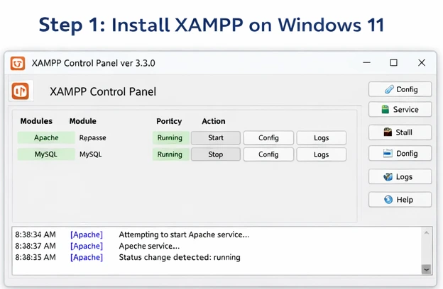 Install XAMPP on Windows 11 showing Apache and MySQL running in control panel