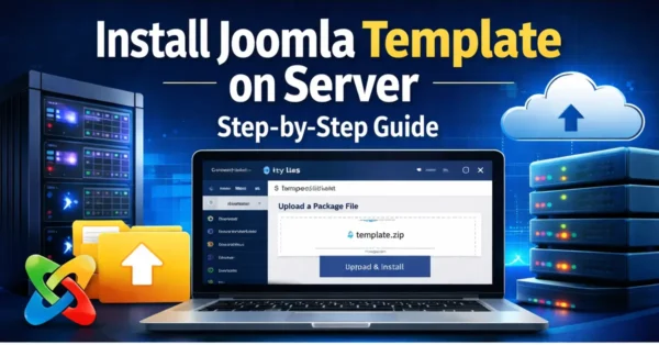 Install Joomla template on server step-by-step tutorial showing Joomla admin dashboard and template upload process