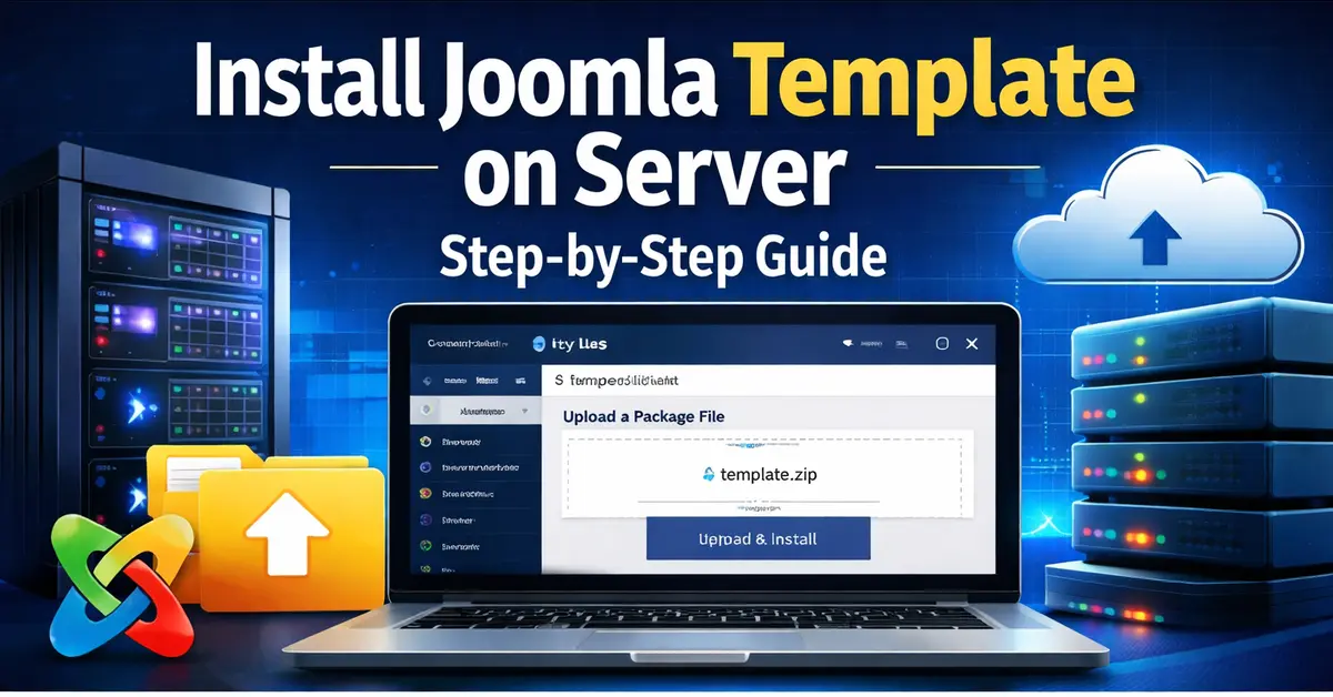 Install Joomla template on server step-by-step tutorial showing Joomla admin dashboard and template upload process