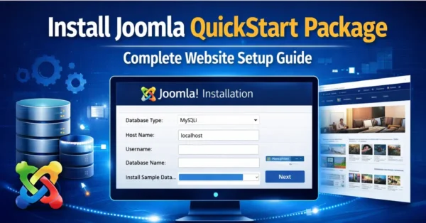 Joomla QuickStart package installation showing setup wizard, database configuration and demo website import process