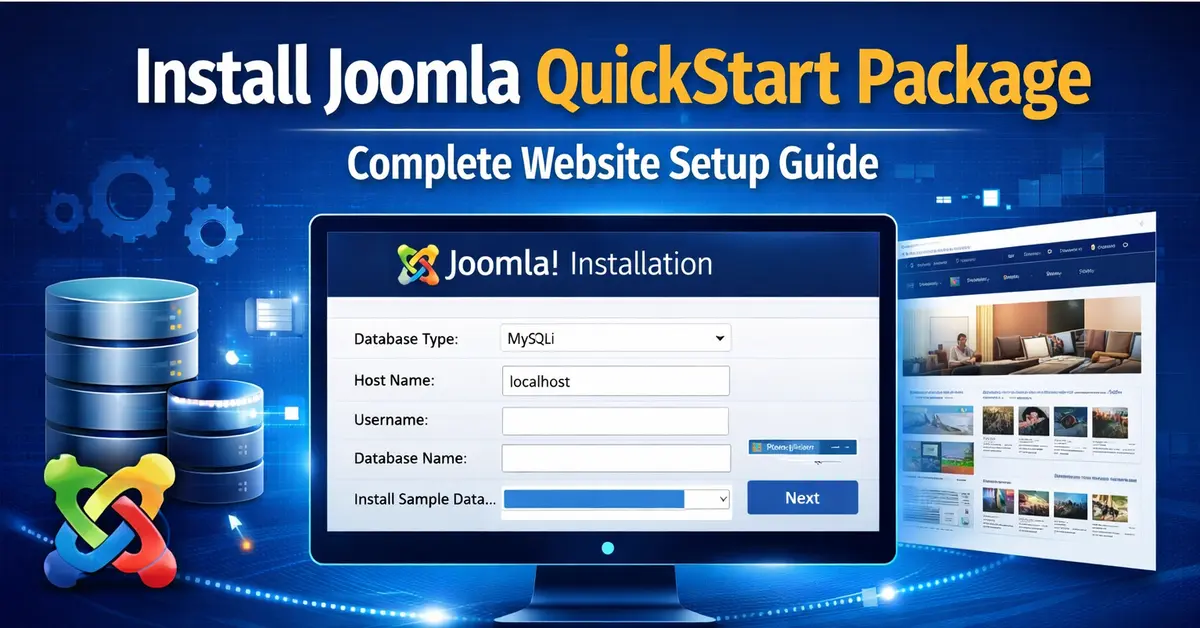 Joomla QuickStart package installation showing setup wizard, database configuration and demo website import process