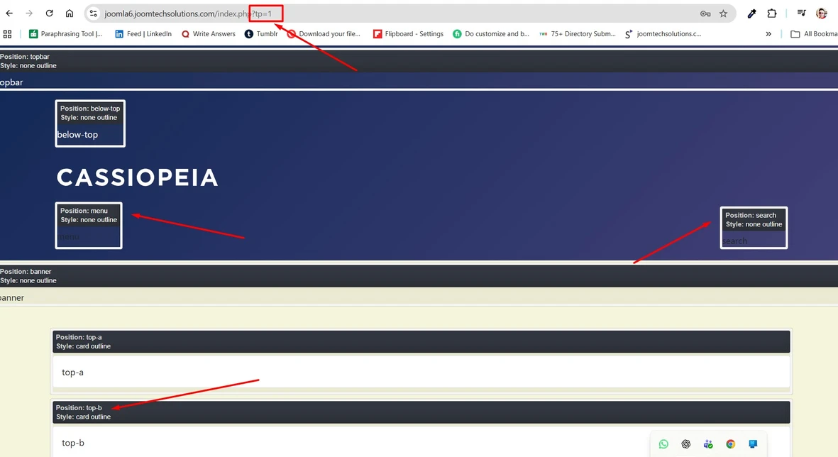 Joomla 6 module positions displayed on the front end using tp=1.