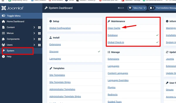 Clear cache in Joomla 5 admin maintenance panel