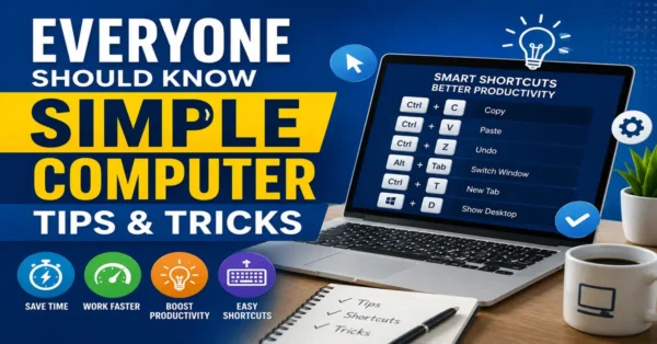 Laptop displaying keyboard shortcuts and computer tips and tricks for improving productivity and saving time.