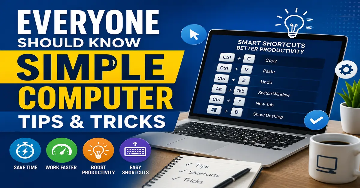 Laptop displaying keyboard shortcuts and computer tips and tricks for improving productivity and saving time.