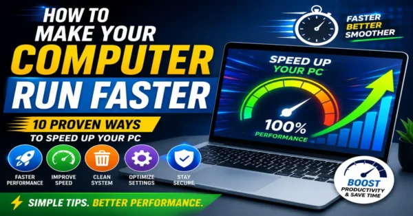 Laptop displaying speed optimization dashboard with performance meter showing tips to make your computer run faster.