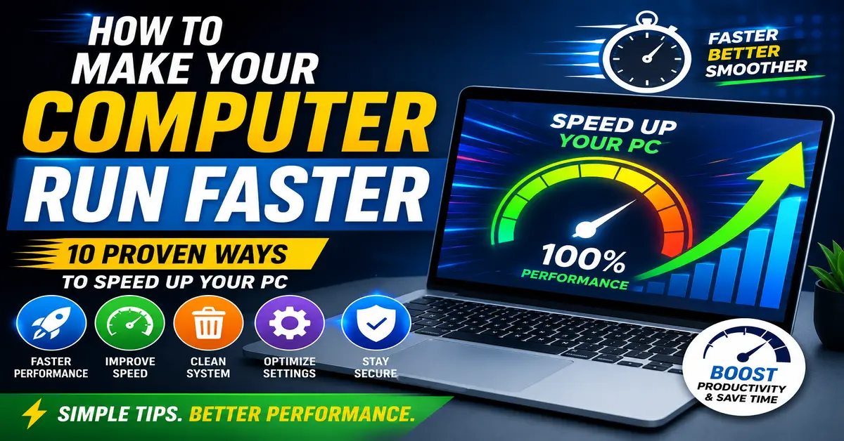 Laptop displaying speed optimization dashboard with performance meter showing tips to make your computer run faster.