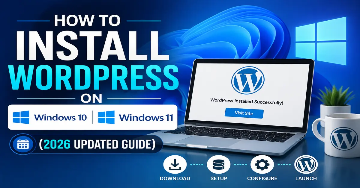 Step-by-step guide showing how to install WordPress on Windows 10 and Windows 11 in 2026 using a local setup.