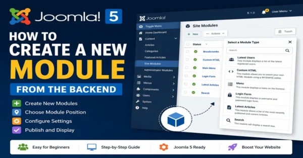 Joomla 5 administrator dashboard showing how to create a new module from the backend