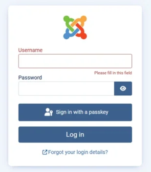 Joomla 5 admin login screen on localhost XAMPP