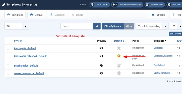 Select and set default Joomla template in Joomla 5 admin panel