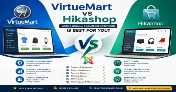 VirtueMart vs Hikashop comparison showing the best Joomla eCommerce extension for online stores