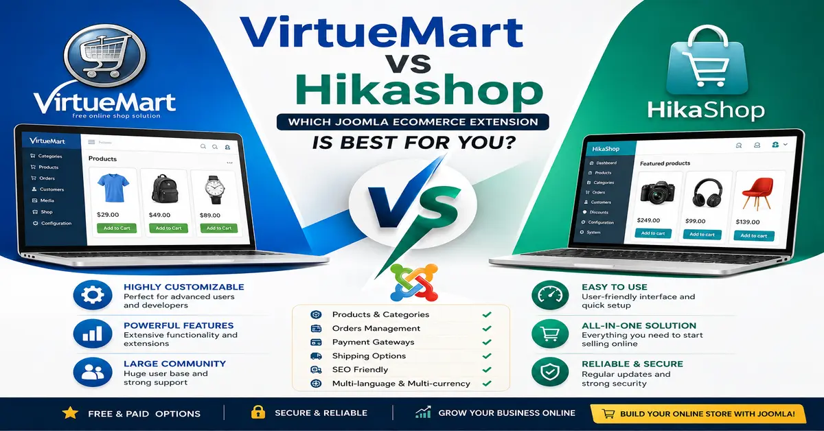 VirtueMart vs Hikashop comparison showing the best Joomla eCommerce extension for online stores