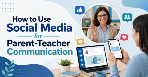 Parent and teacher communicating through social media using a smartphone and laptop