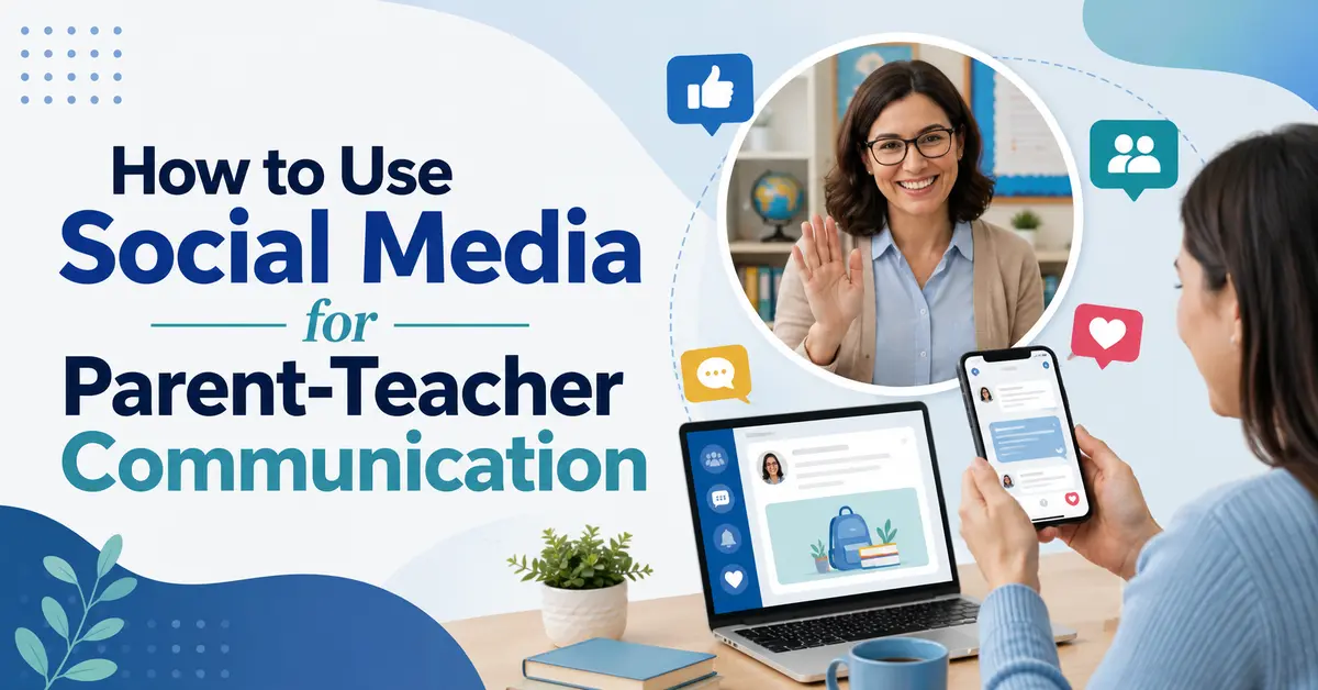 Parent and teacher communicating through social media using a smartphone and laptop