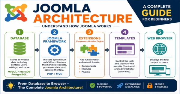 Joomla architecture diagram with database framework components modules plugins templates and browser