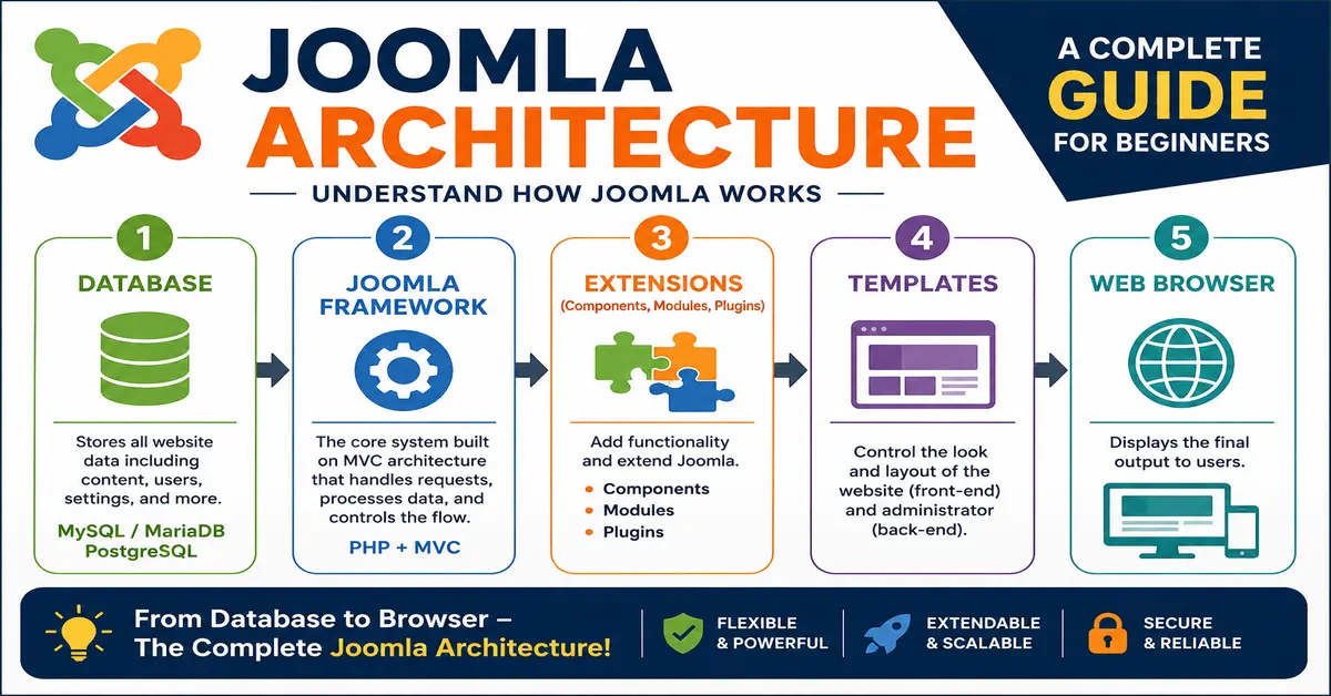 Joomla architecture diagram with database framework components modules plugins templates and browser
