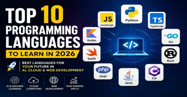 Top programming languages to learn in 2026 including Python, JavaScript, TypeScript, Go and Rust