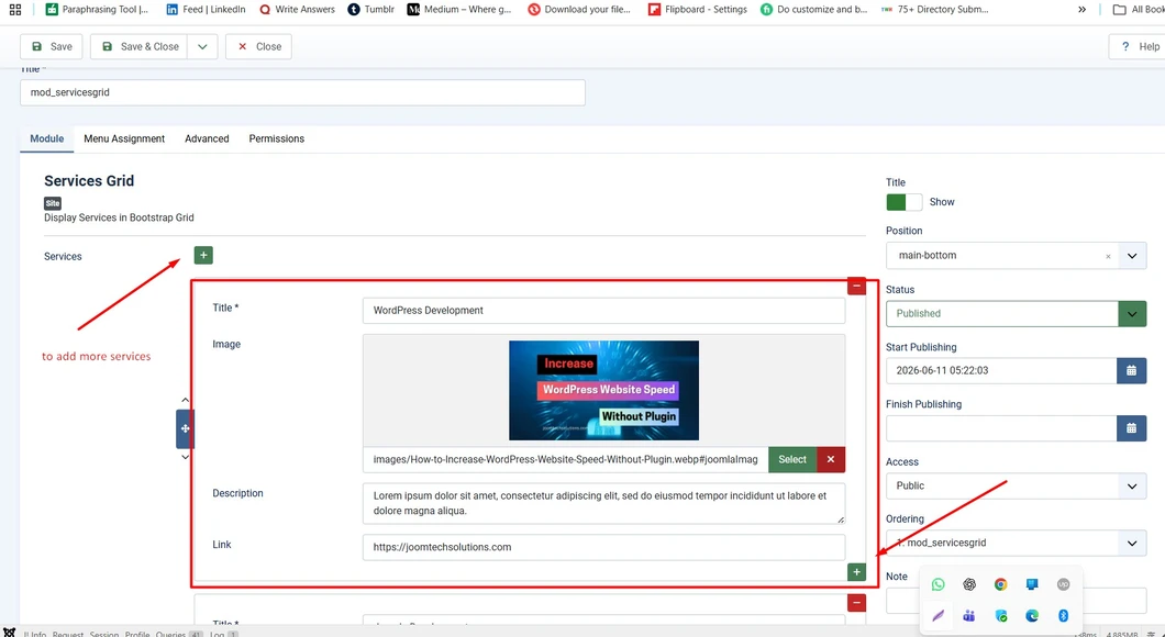Administrator creating service entries in the Services Grid module configuration.