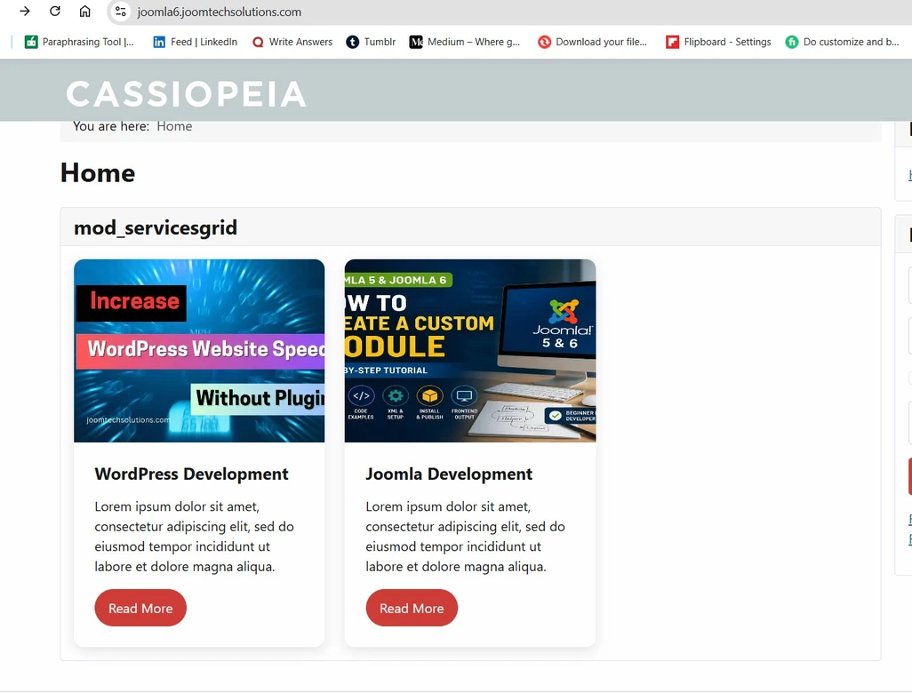 Services Grid module displayed on the website frontend with multiple service items arranged in a grid layout.