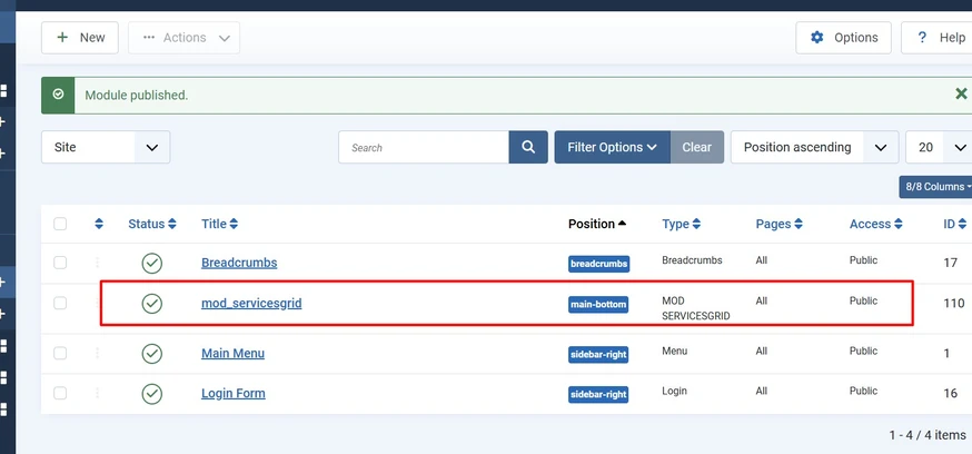 Services Grid module successfully installed in Joomla Administrator