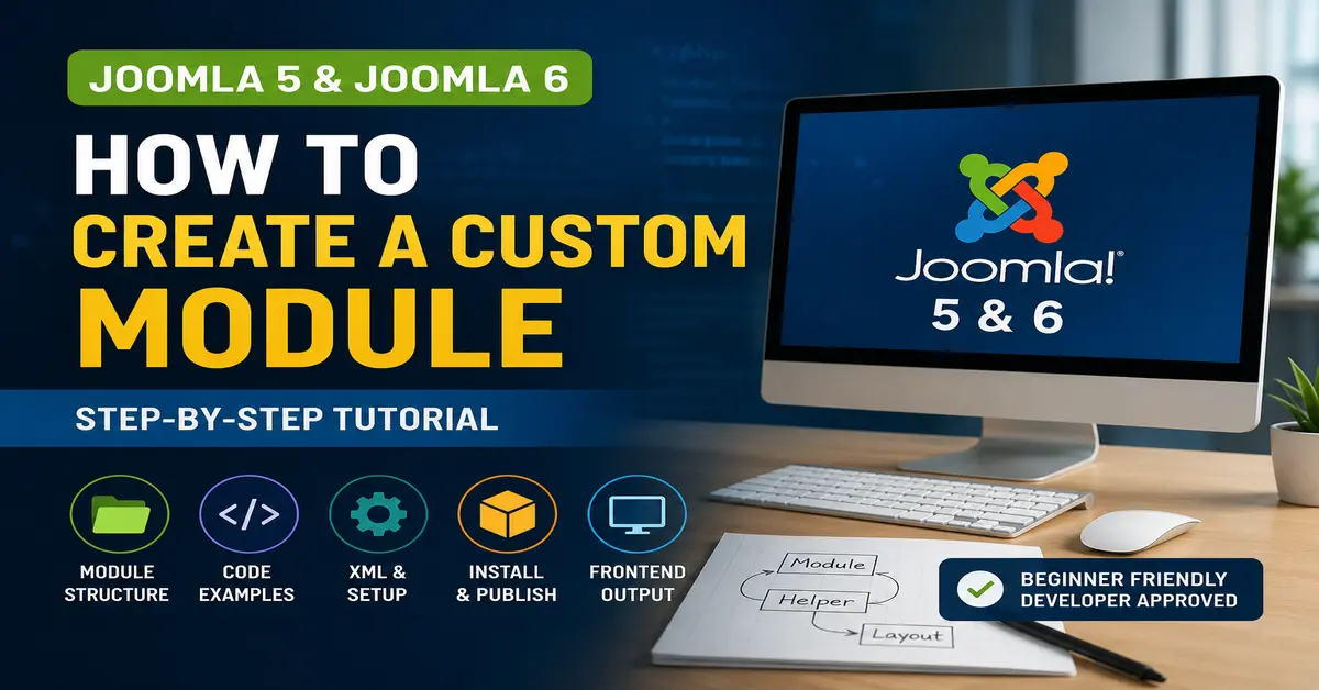Joomla 5 and Joomla 6 custom module development tutorial showing module structure, code examples, XML manifest, installation, and frontend output.