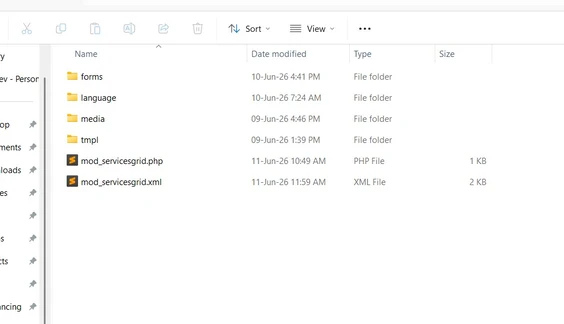 Directory structure of the Services Grid Joomla module showing all files and folders included in the package.