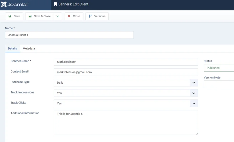 Banner clients information in joomla 5