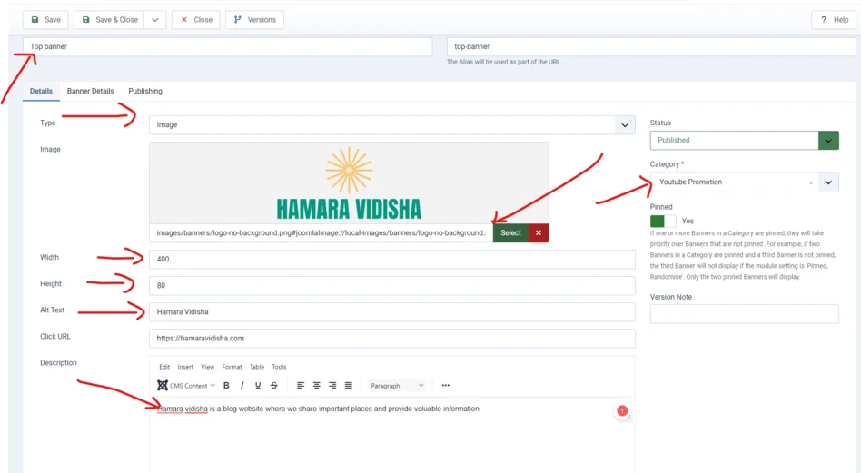 Enter banner information in Joomla 5