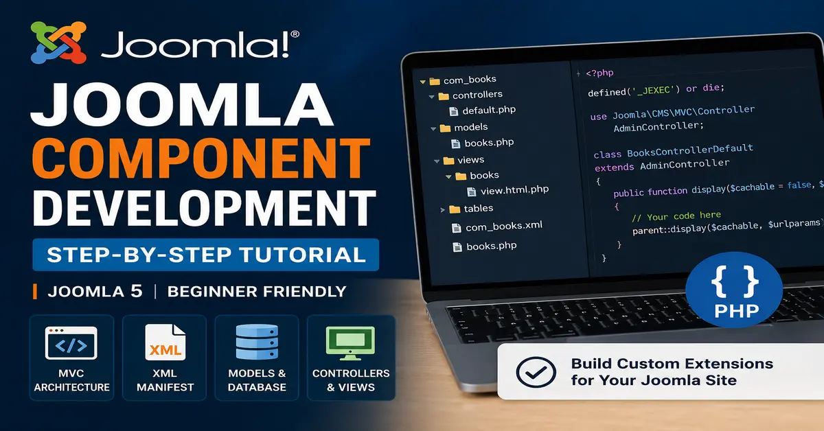 Tutorial illustration showing Joomla component development workflow with code structure, admin panel, and MVC architecture overview.