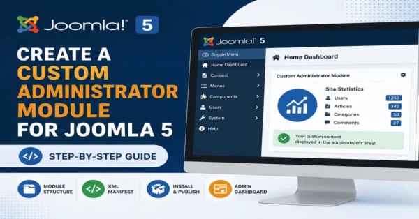 Create a Custom Administrator Module for Joomla 5 tutorial showing Joomla administrator dashboard, custom backend module development, XML manifest configuration, and module installation process.