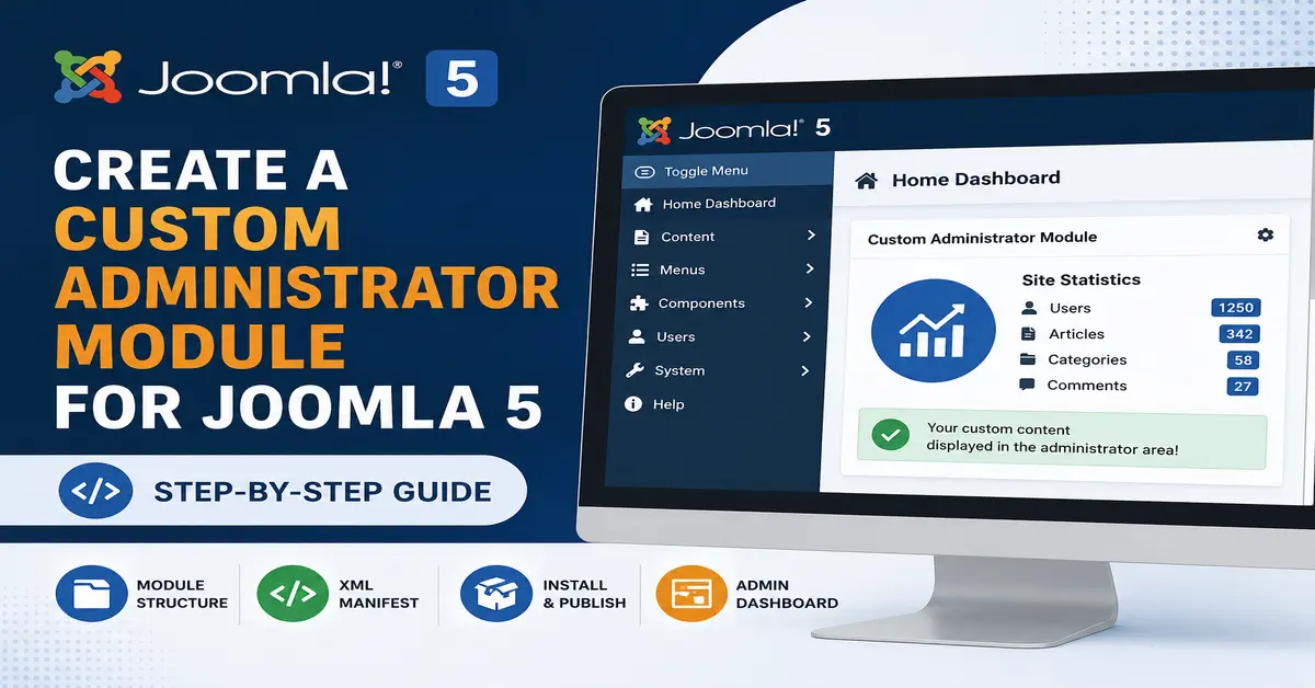Create a Custom Administrator Module for Joomla 5 tutorial showing Joomla administrator dashboard, custom backend module development, XML manifest configuration, and module installation process.