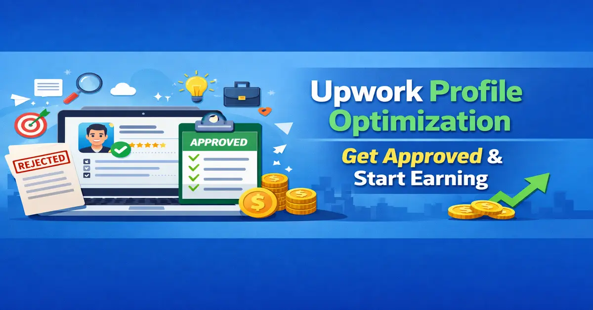 Upwork profile optimization guide showing approved vs rejected profile with tips to get approved and start earning