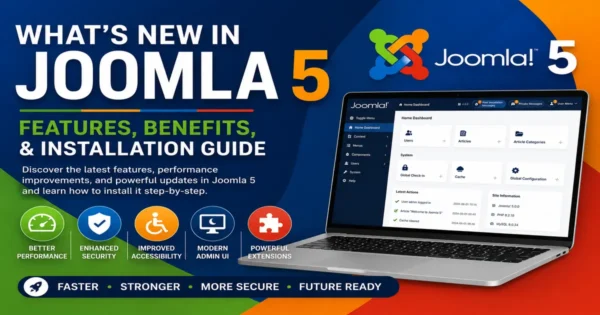 Joomla 5 features, benefits, performance improvements, security enhancements, and installation guide