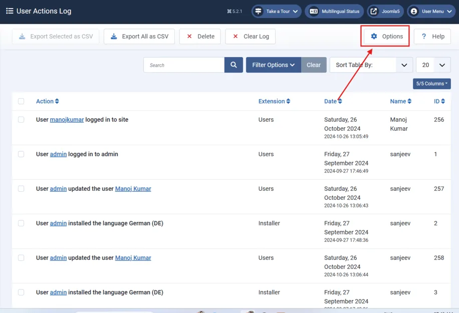 User actions Log settings