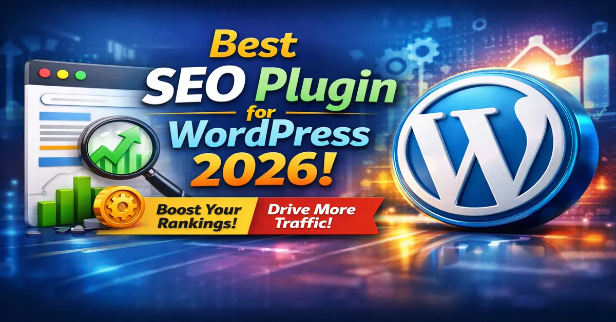 Best SEO plugin for WordPress 2026 comparison with WordPress logo and ranking growth concept