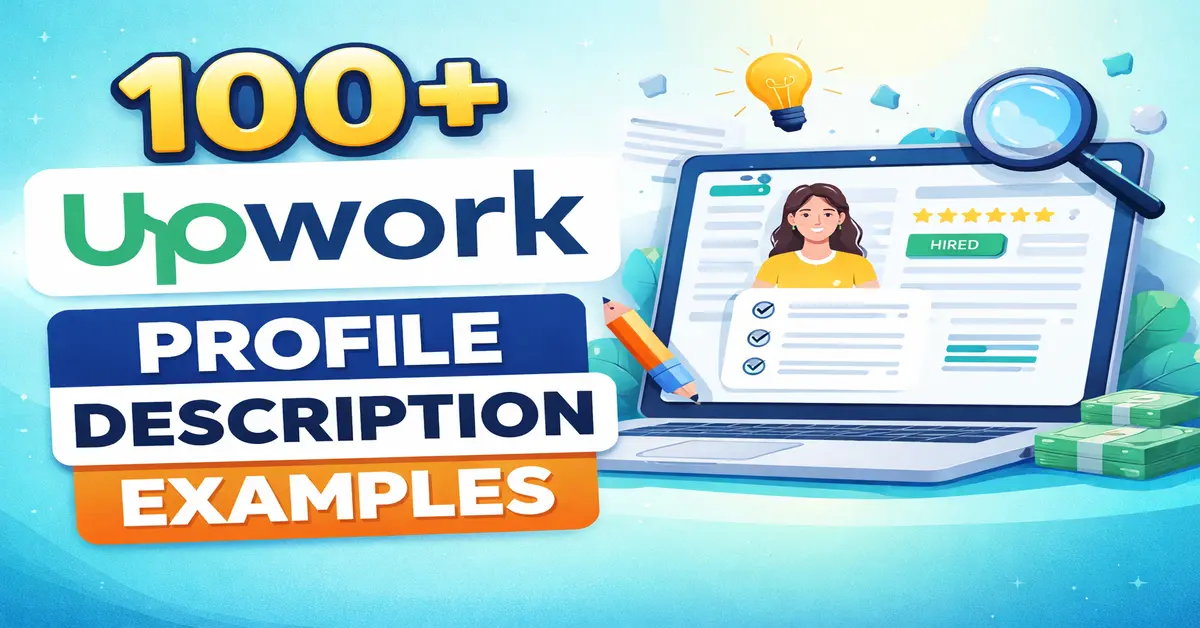 Upwork profile description examples for freelancers with laptop illustration and hiring concept