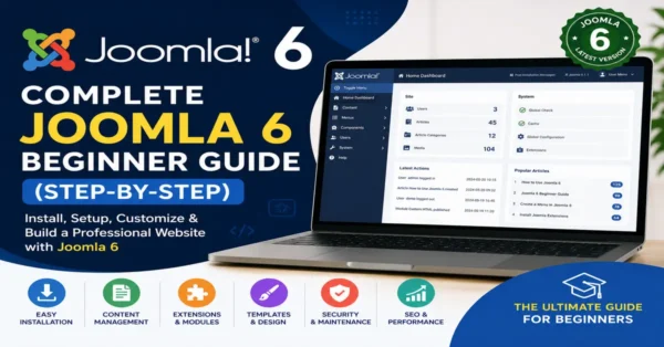 Joomla 6 Complete Beginner Guide featuring installation, content management, extensions, templates, SEO, security, and website setup tutorial