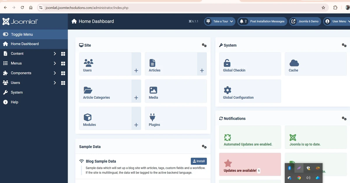 Joomla 6 administrator dashboard showing website management tools, content options, menus, extensions, and system settings