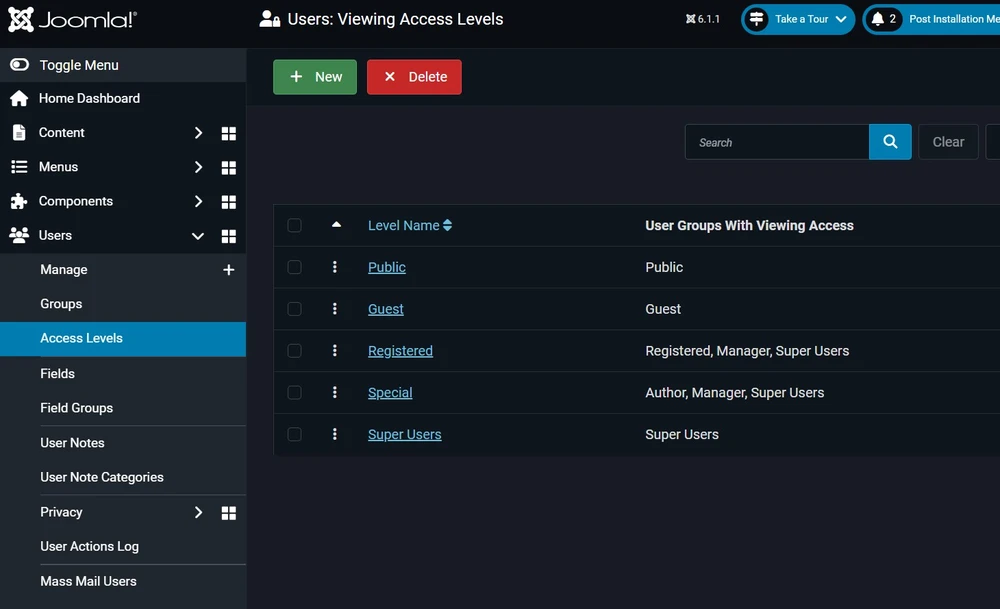 Screenshot of the Access Levels page in Joomla 6 Administrator showing default and custom access levels for content visibility.
