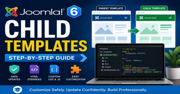 Joomla 6 Child Templates tutorial showing parent template vs child template, HTML overrides, custom CSS, JavaScript, and safe template customization.